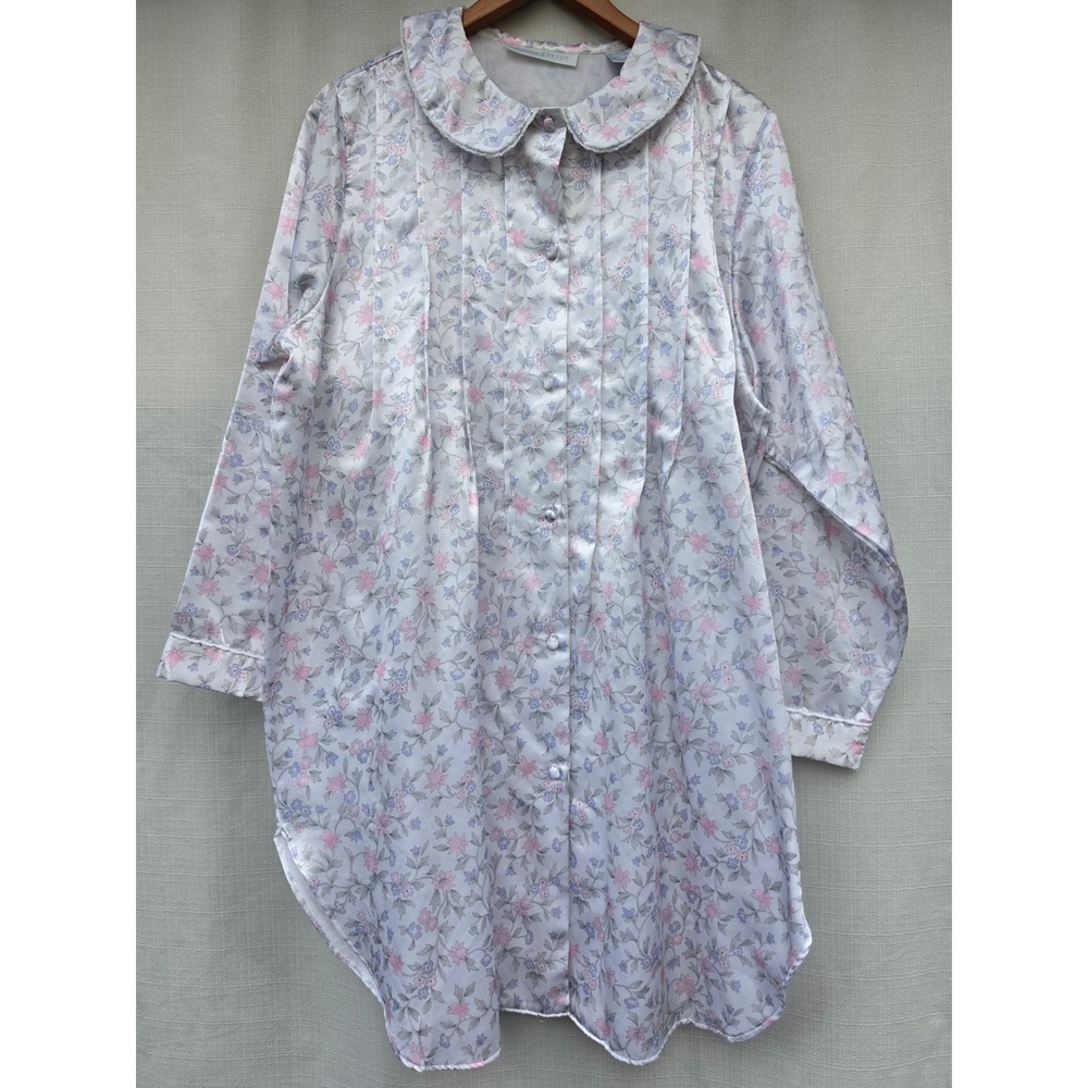 Erika Taylor Shirt Dress Womens L Brushed Back Satin Flannel Lined Floral Pastel